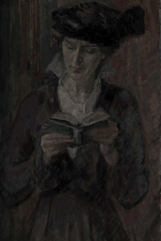 Portrait of Woman with Book in Black Hat and Coat