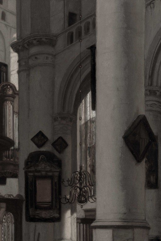 Gothic Church Interior with Ornate Columns and Arched Windows