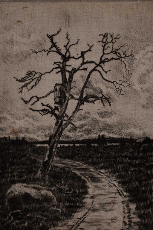 Bare Tree with Birdcage on Desolate Path Etching