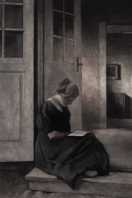 Woman Reading in Empty Interior Space