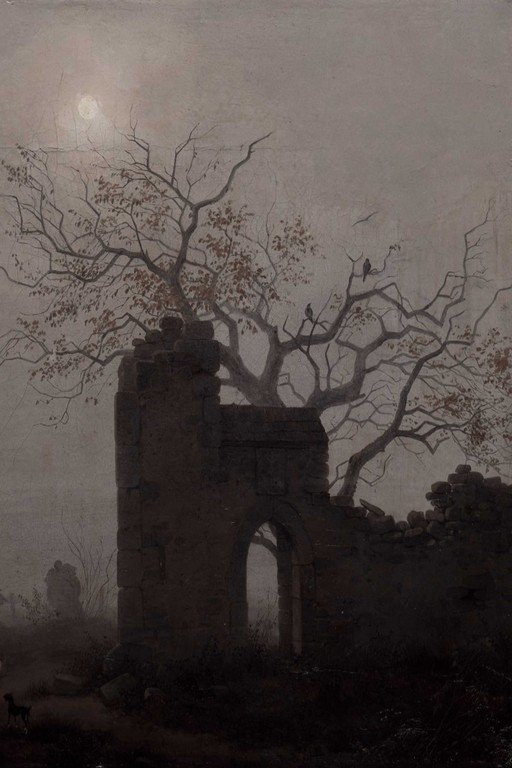 Haunted Ruins with Gnarled Tree in Misty Fog