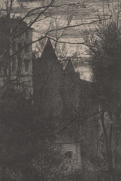 Gothic Castle Ruins with Bare Trees Etching