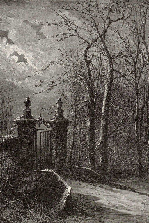 Moonlit Estate Gates Victorian Engraving Print