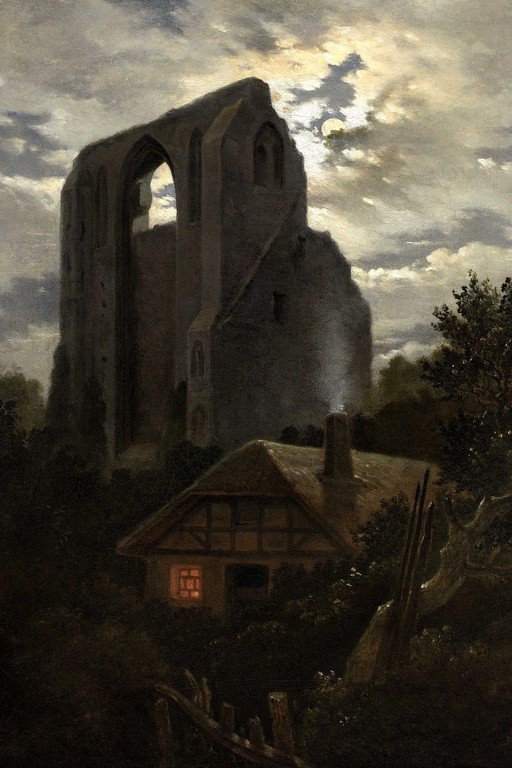 Medieval Ruin Castle with Cottage at Dusk