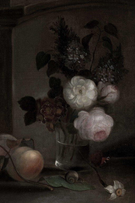 Classical Floral Still Life with Roses and Fruit