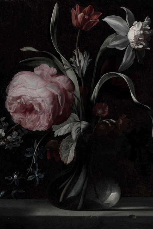 Classical Dark Floral Still Life with Peonies and Tulips