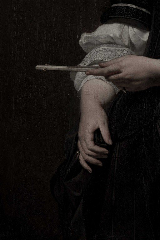 Child Holding Flute in Rain Against Dark Background