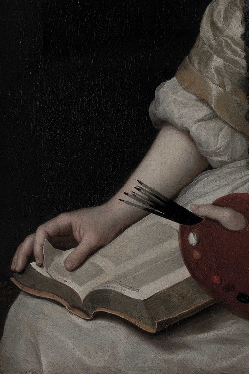Classical Woman Reading Book with Feathered Fan Detail