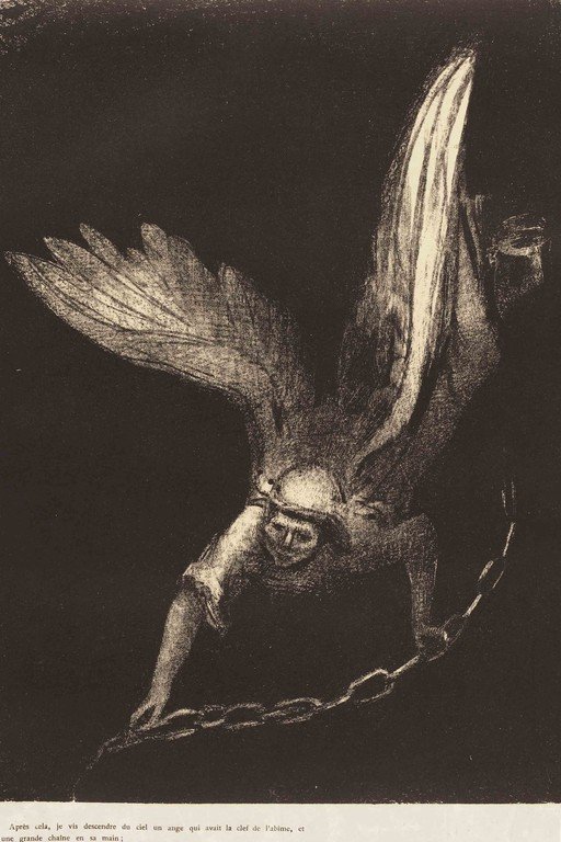 Vintage Winged Figure Etching Print with Classical Mythology
