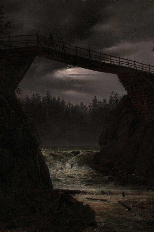 Dark Bridge Over Turbulent River and Forest Canyon