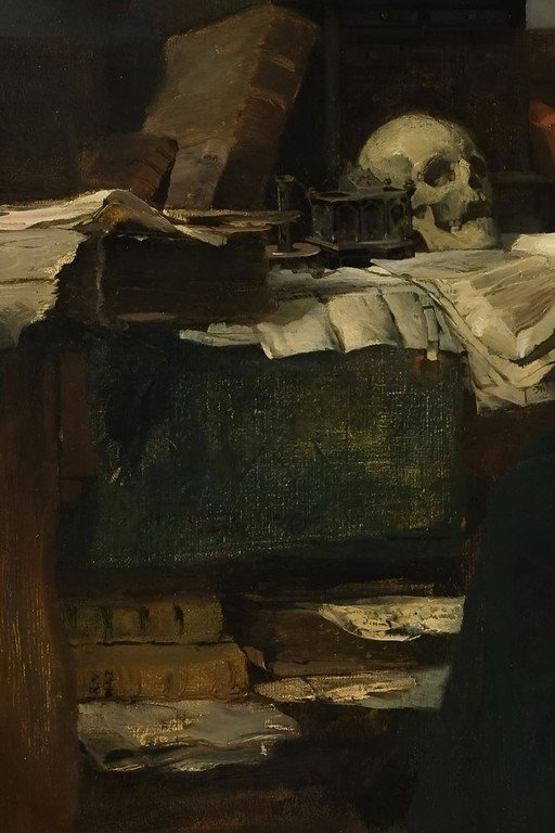 Vanitas Still Life with Skull, Books, and Quill