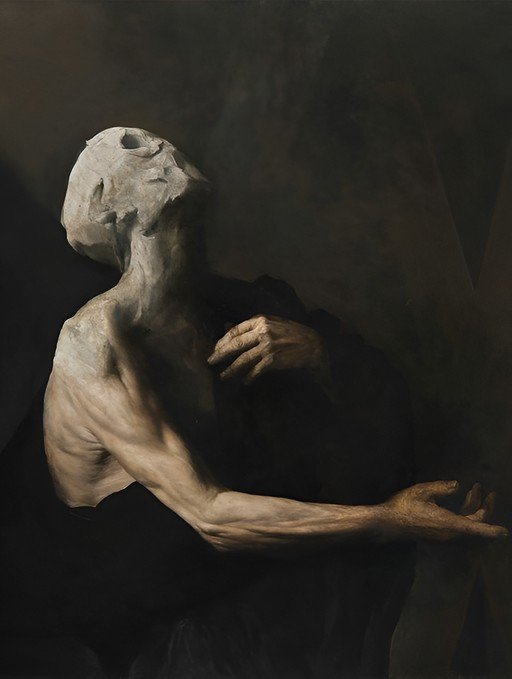 Classical Male Torso Sculpture with Dramatic Chiaroscuro Lighting