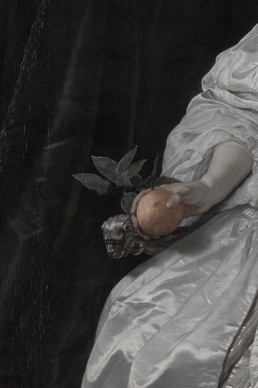 Classical Figure Holding Pomegranate in Rain