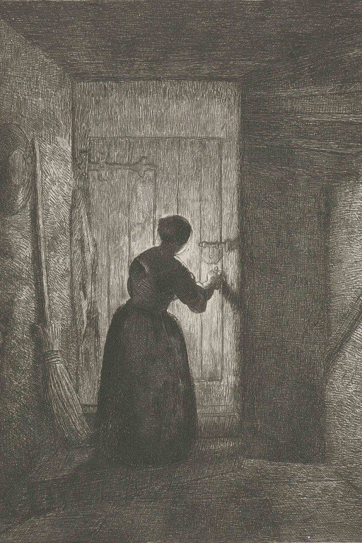 Woman Opening Door in Dramatic Interior - Etching Art Print