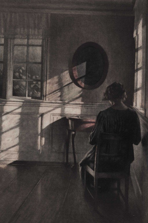 Woman Contemplating Mirror in Sunlit Interior Room
