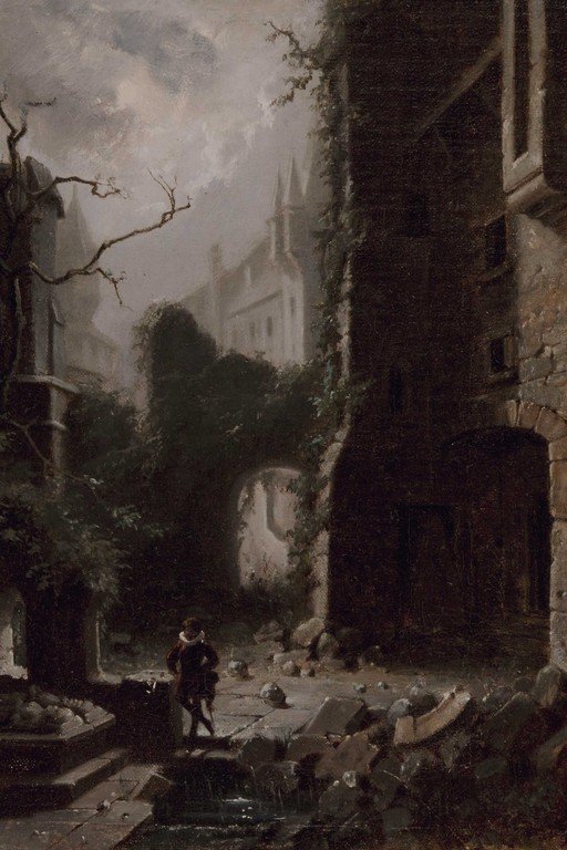 Gothic Ruins with Solitary Figure in Misty Architectural Landscape
