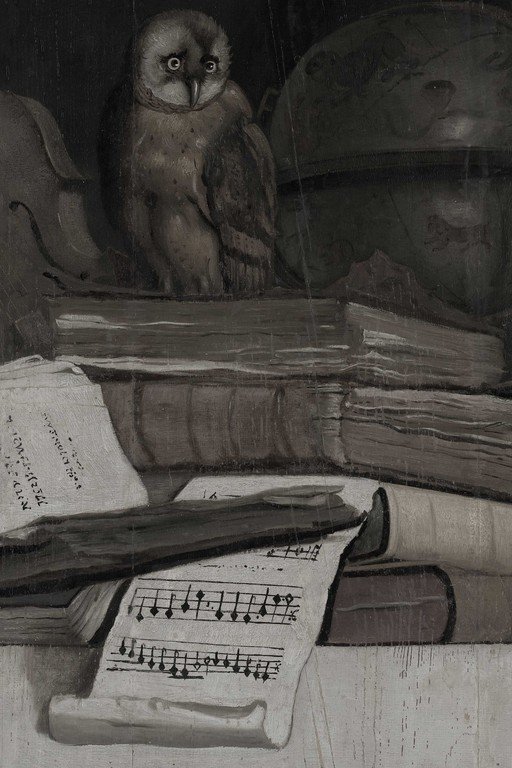 Owl Perched on Stack of Books and Sheet Music