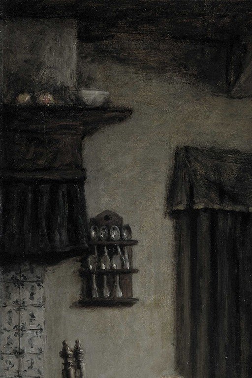Rustic Interior with Shelves and Draped Fabrics