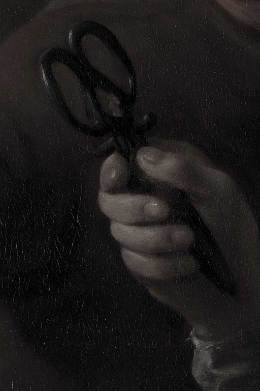 Hand Holding Scissors in Rain - Dark Moody Portrait