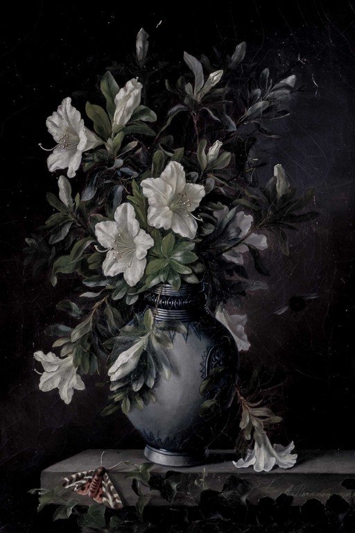 White Flowers in Blue Vase Against Dark Background