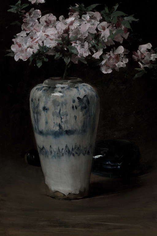 Pale Roses in Blue-Glazed Ceramic Vase Still Life