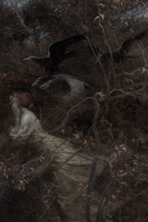 Woman in Dark Forest with Crows