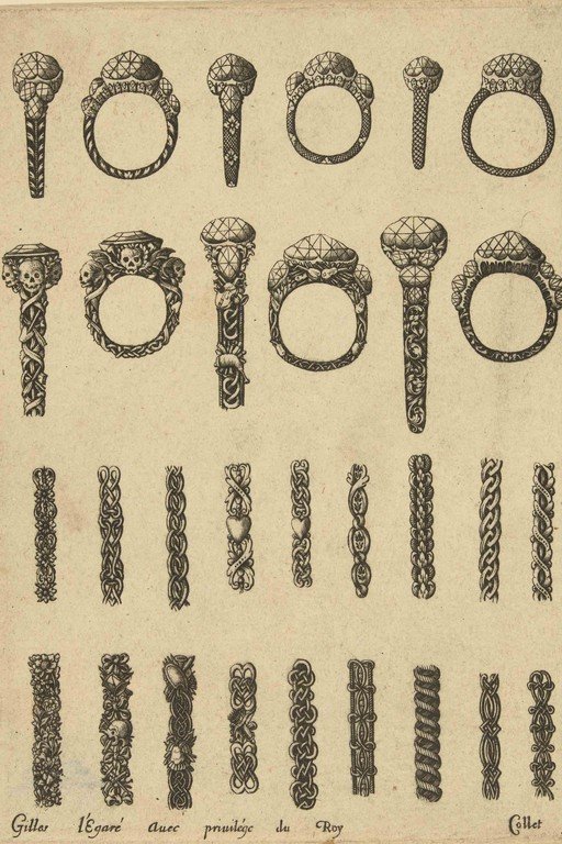 Engravings of ornate rings and decorative bands