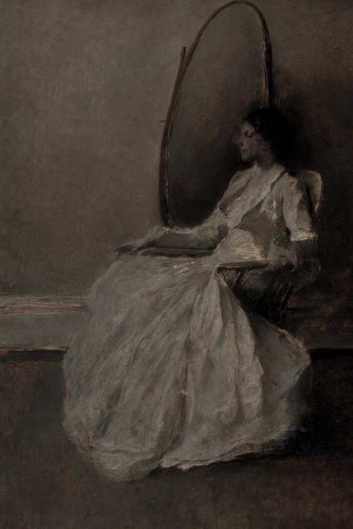Woman in White Dress Gazing into Oval Mirror