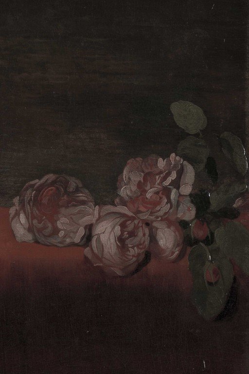 Still Life of Roses on Red Fabric