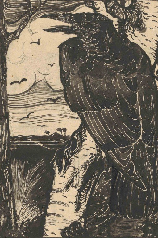Raven Perched on Tree Branch Overlooking Landscape