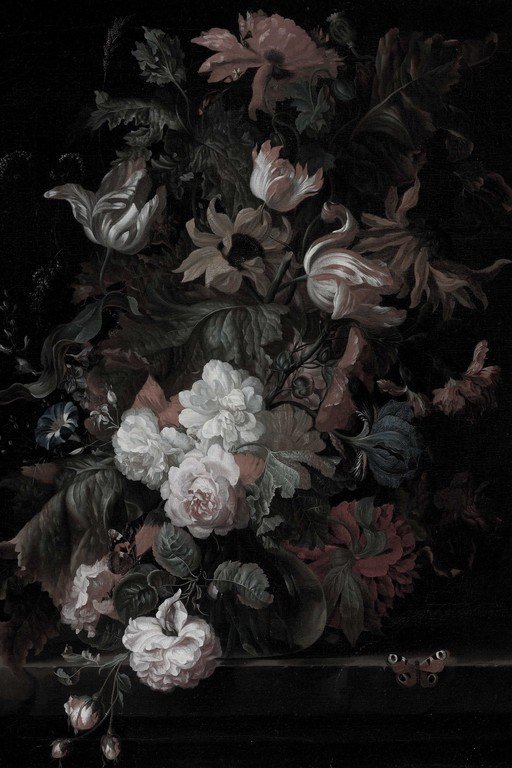 Dark Floral Still Life with Butterflies