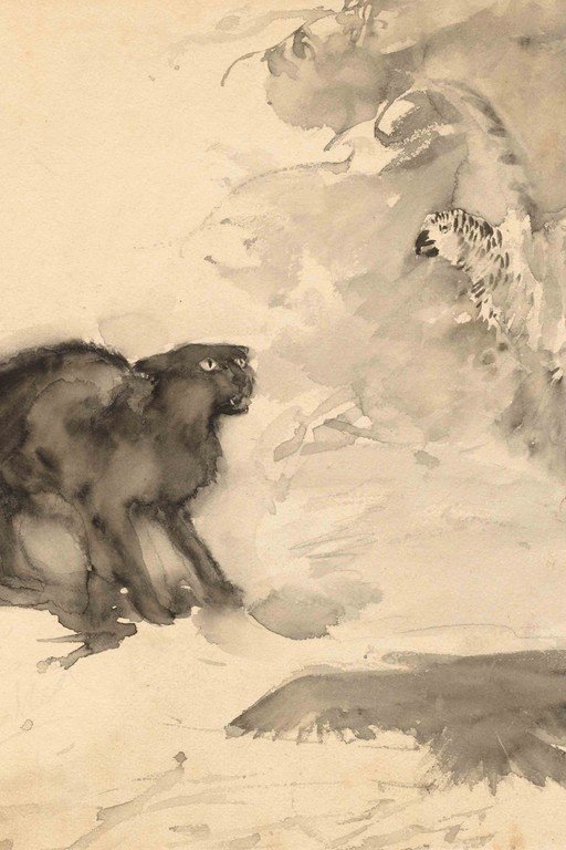 Ink Wash Painting of a Cat and Bird in Confrontation