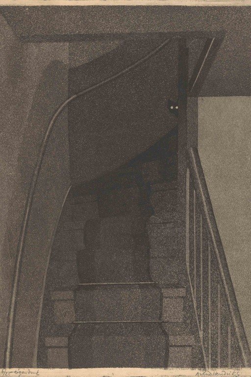 Mysterious Cat Eyes in Dark Stairwell