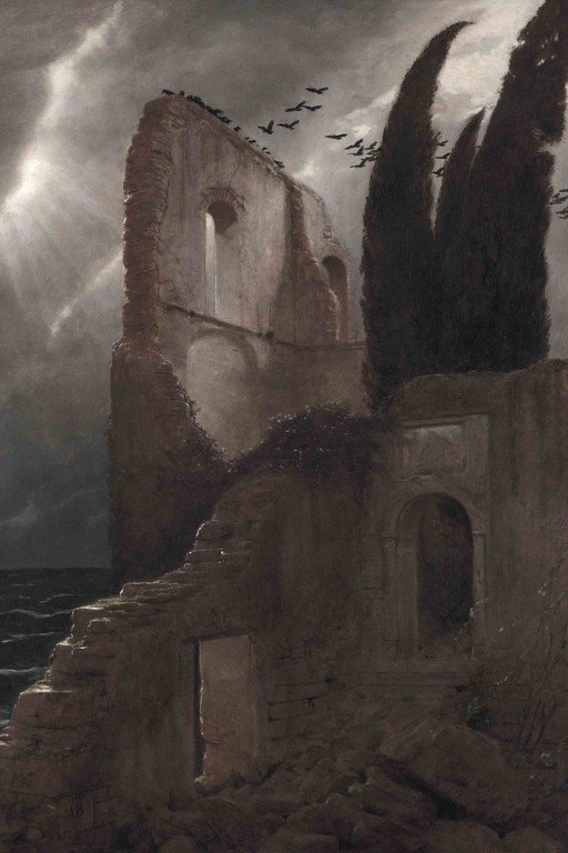 Ruined Coastal Abbey with Birds and Cypress Trees