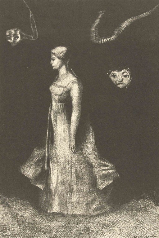 Woman in a flowing gown with surreal masks and a serpent