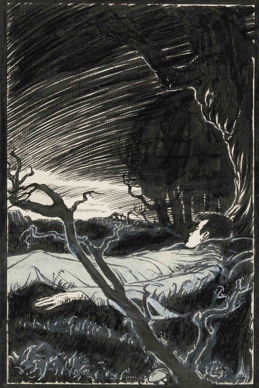 Man Resting in a Dark, Stylized Forest