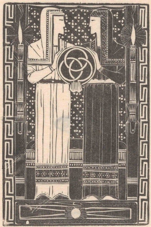 Art Nouveau Woodcut: Two Women Holding a Triquetra Symbol