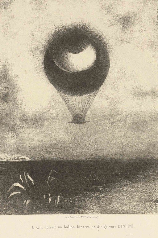 Surreal hot air balloon shaped like an eye ascends over a landscape