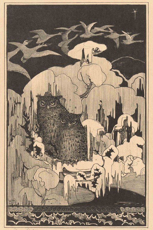 Two Owls in a Winter Landscape with Flying Birds