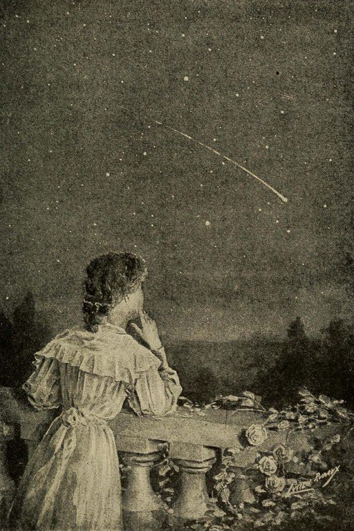 Woman Gazes at Shooting Star from Balcony