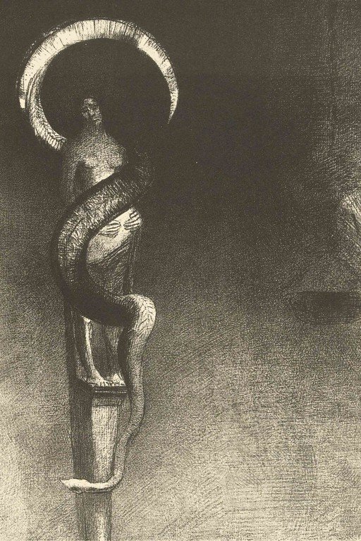 Symbolic Figure Embraced by Serpent and Crescent Moon