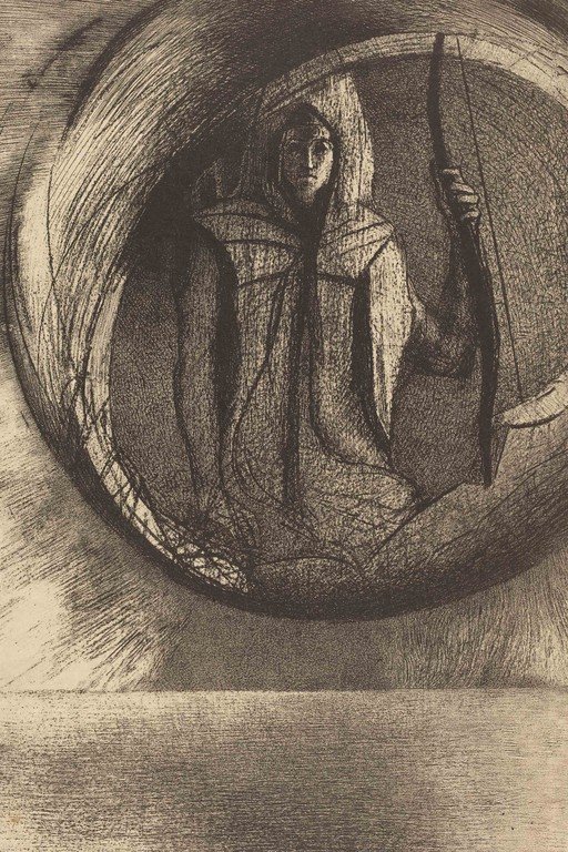 Mysterious Figure with Bow in Circular Frame