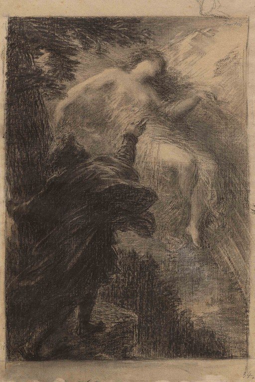 Figure Reaching Towards Luminous Nude in Dramatic Charcoal Sketch