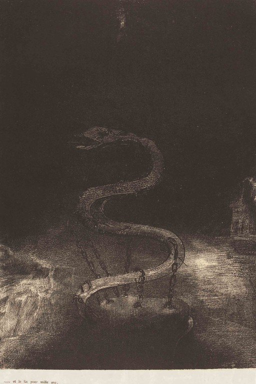 Serpent coiled and chained in darkness