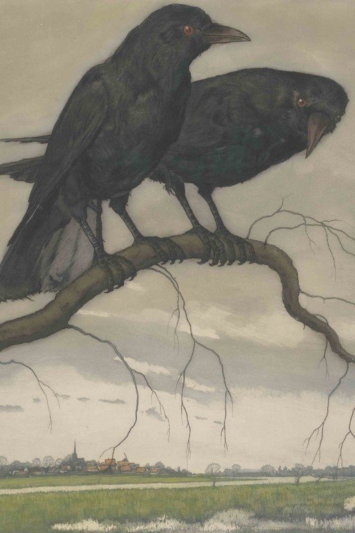 Two Crows Perched on a Branch Overlooking a Village