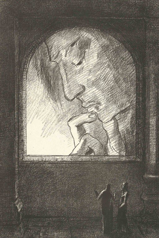 Surrealist Drawing of a Giant Head and Two Figures