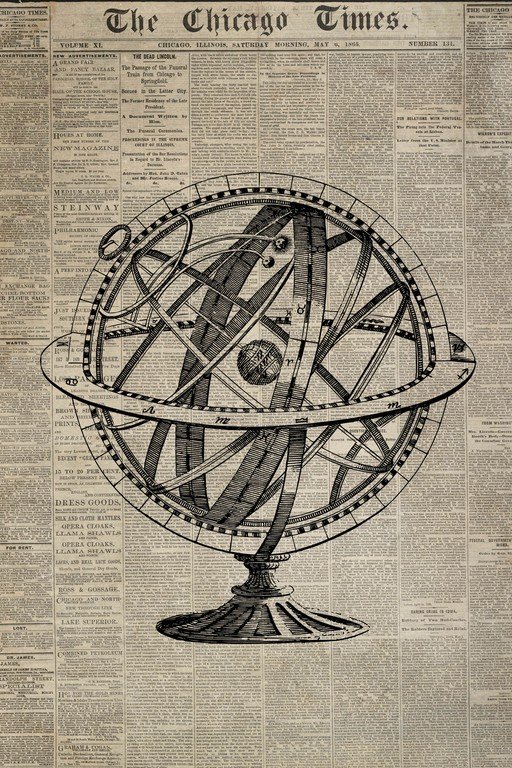 Vintage Armillary Sphere on Old Newspaper Background