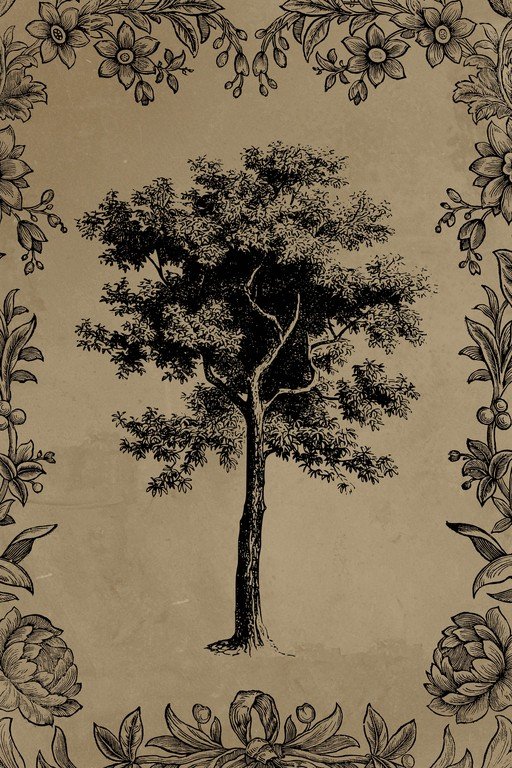 Vintage Tree Illustration with Floral Border