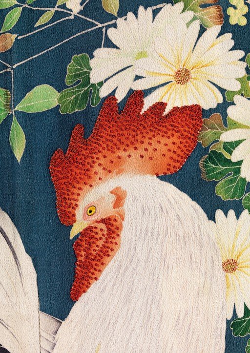 Rooster and Chrysanthemums Silk Kimono Detail