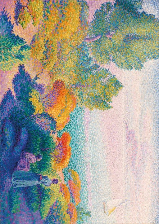 Pointillist Landscape with Figures and Dove